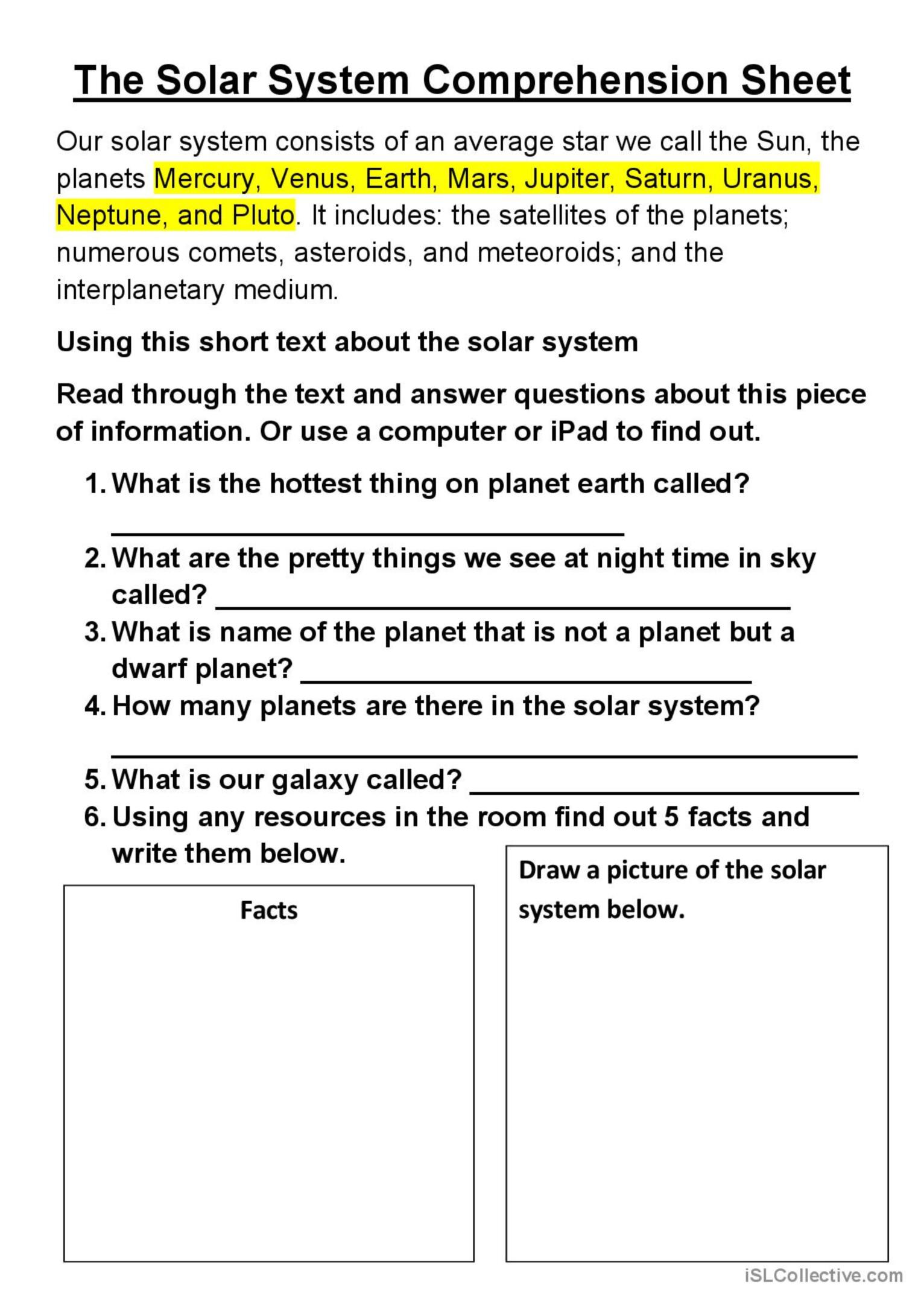 The Solar System Comprehension Sheet English Esl Worksheets Pdf Doc