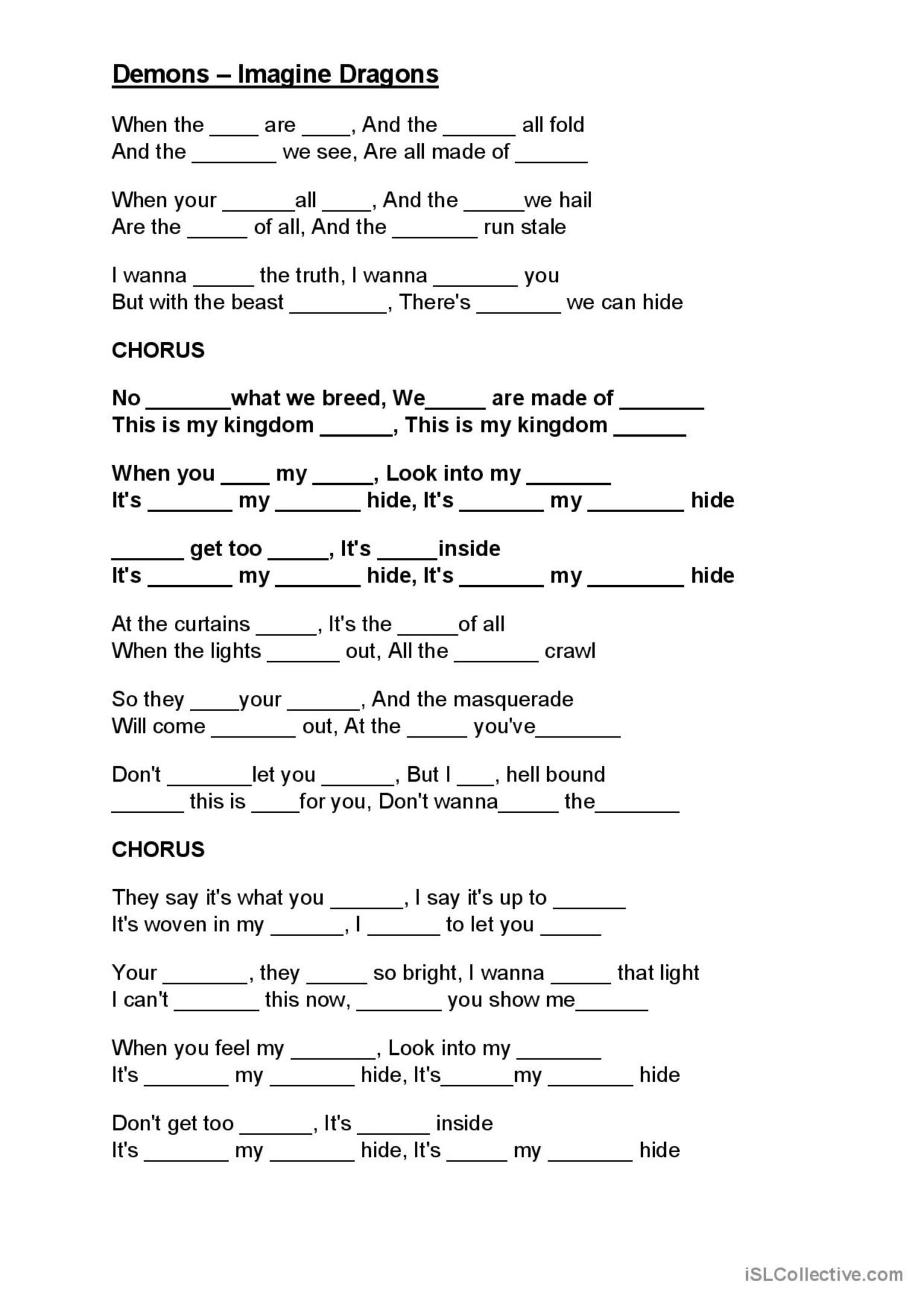 Demons Imagine Dragons English Esl Worksheets Pdf Doc