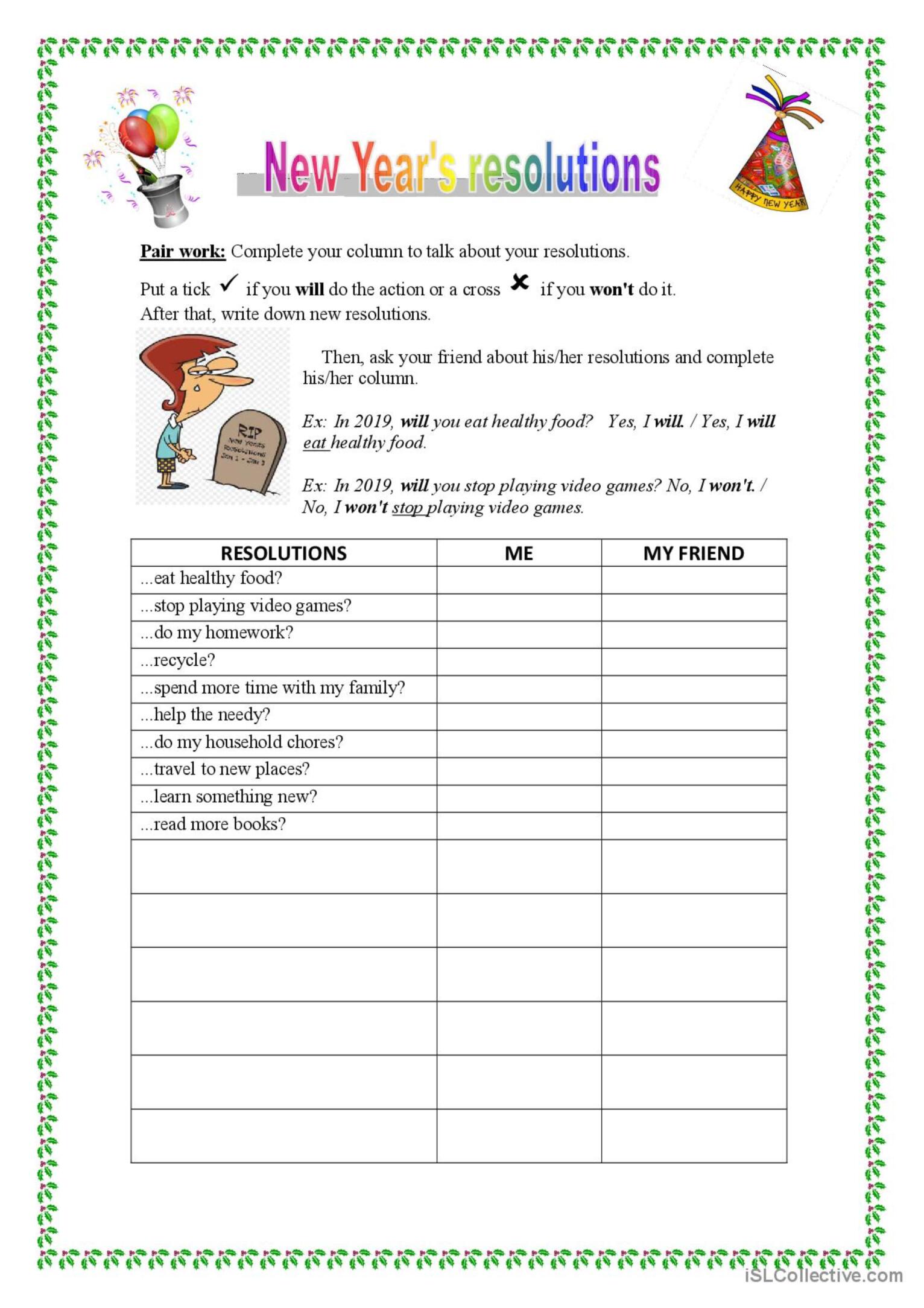 New Year S Resolutions Pair Work English ESL Worksheets Pdf Doc