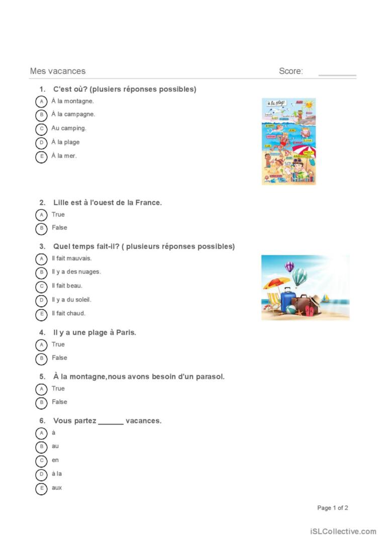 Vacances Compr Hension G N Rale De L English Esl Worksheets Pdf Doc