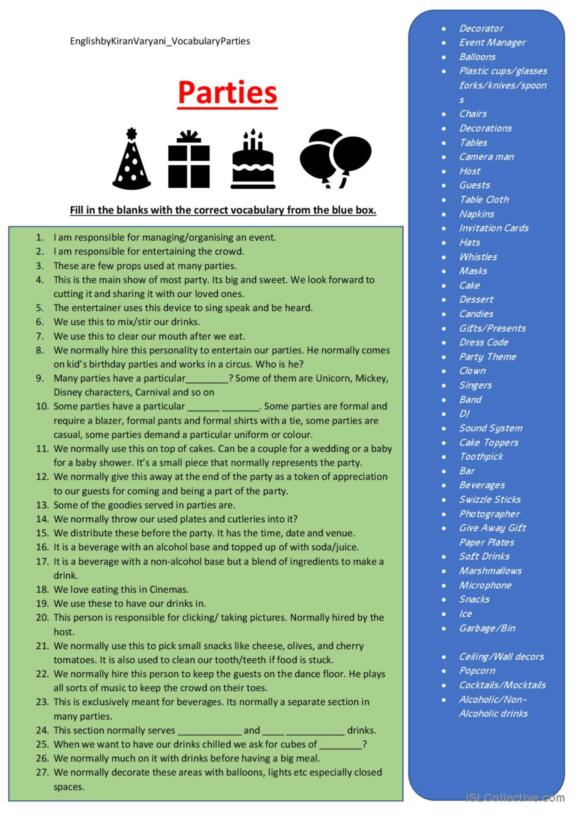 216 Parties English ESL Worksheets Pdf Doc