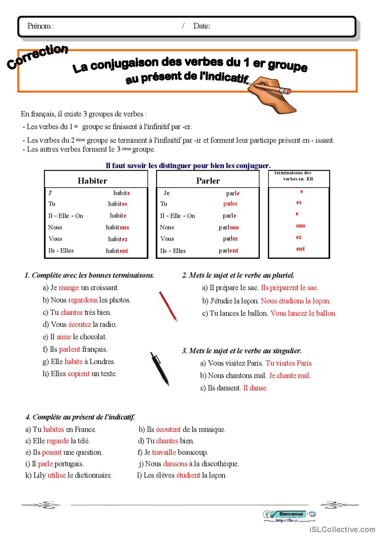 La Conjugaison Des Verbes Du Premie Fran Ais Fle Fiches Pedagogiques