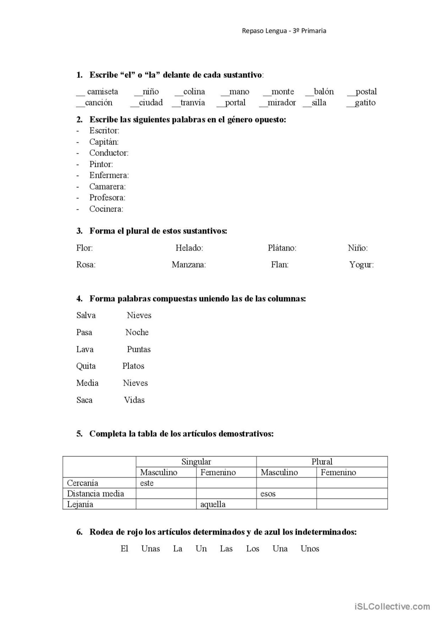 Repaso Sustantivos Palabras Compues Espa Ol Ele Hojas De Trabajo Pdf