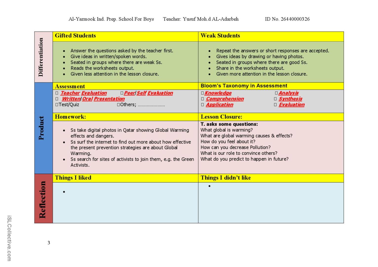 Bloom's Lesson Plan: English ESL worksheets pdf & doc