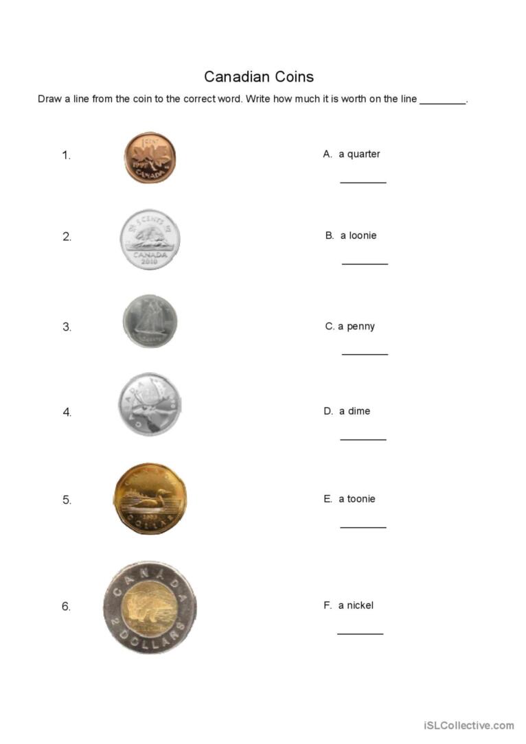 Canadian Coins Matching Worksheet English ESL Worksheets Pdf Doc