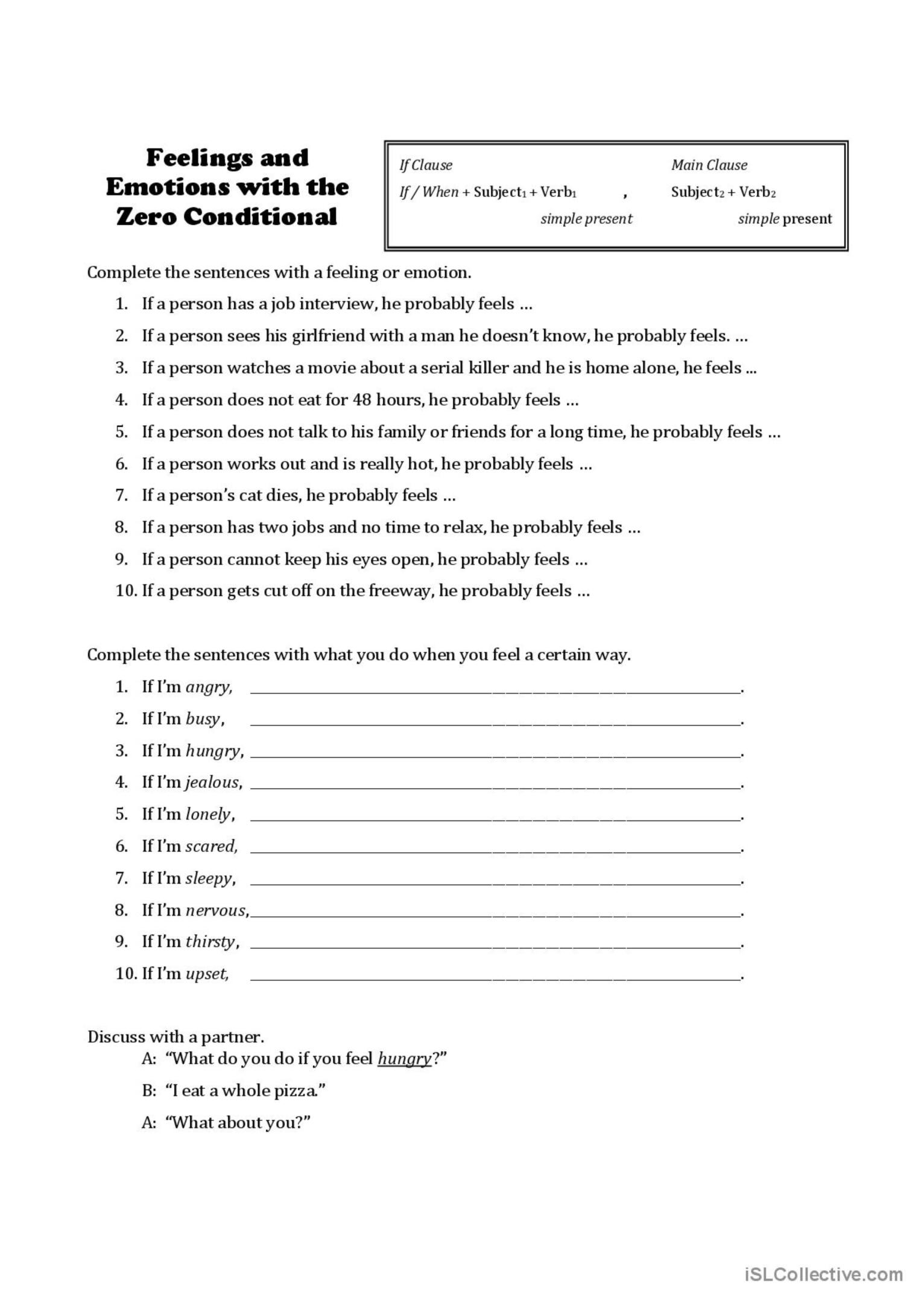 Zero Conditional with Feelings and E…: English ESL worksheets pdf & doc