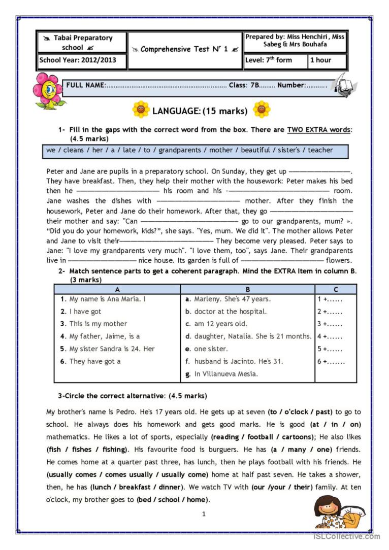 End Of Term Test N° 1: English Esl Worksheets Pdf & Doc