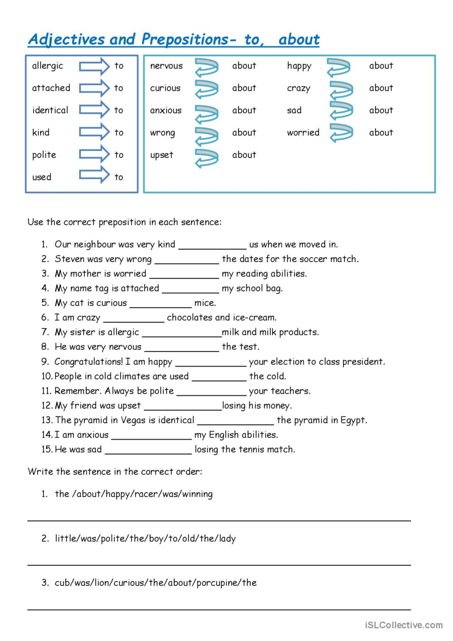 Adjectives and prepositions to, abou…: English ESL worksheets pdf & doc