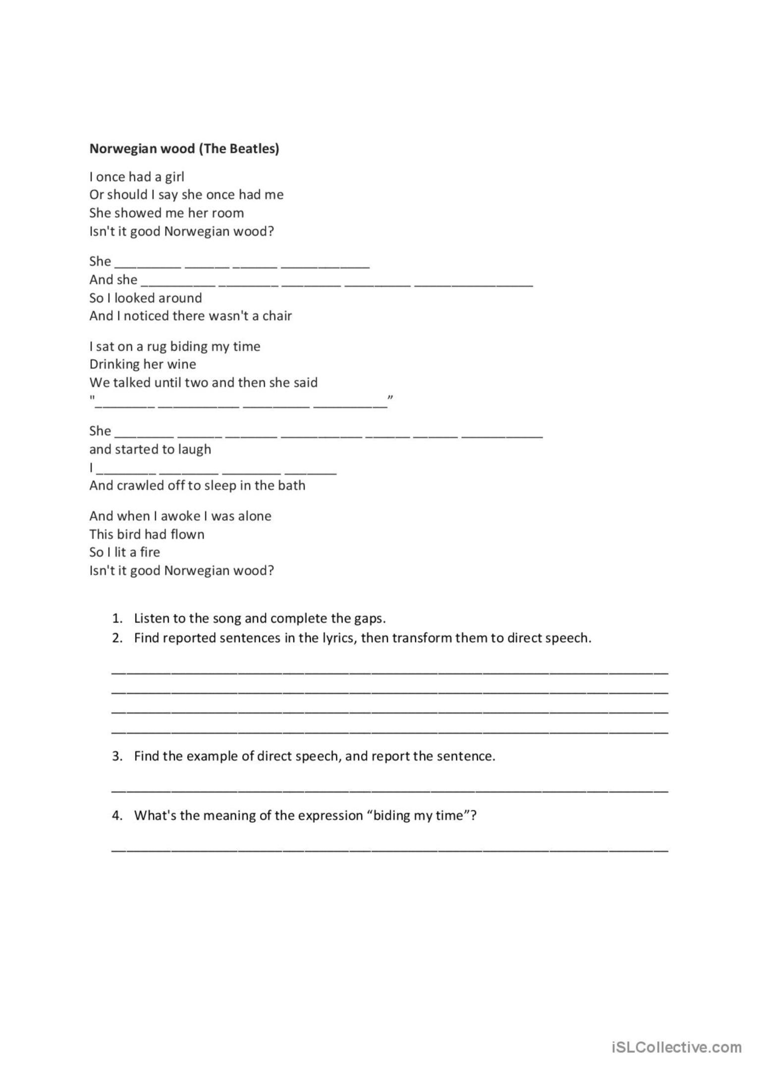 Norwegian Wood - The Beatles Song An…: English Esl Worksheets Pdf & Doc