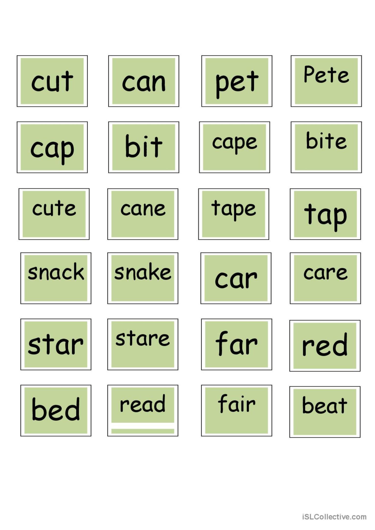 Long & short vowels - word cards: English ESL worksheets pdf & doc