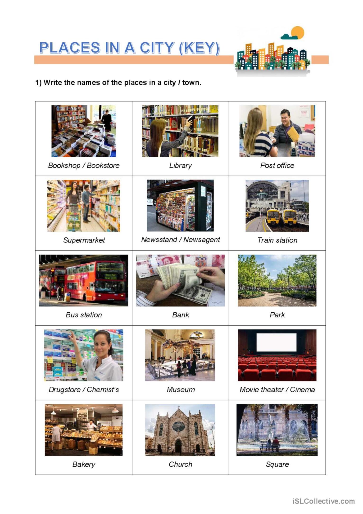 Places in a town: English ESL worksheets pdf & doc