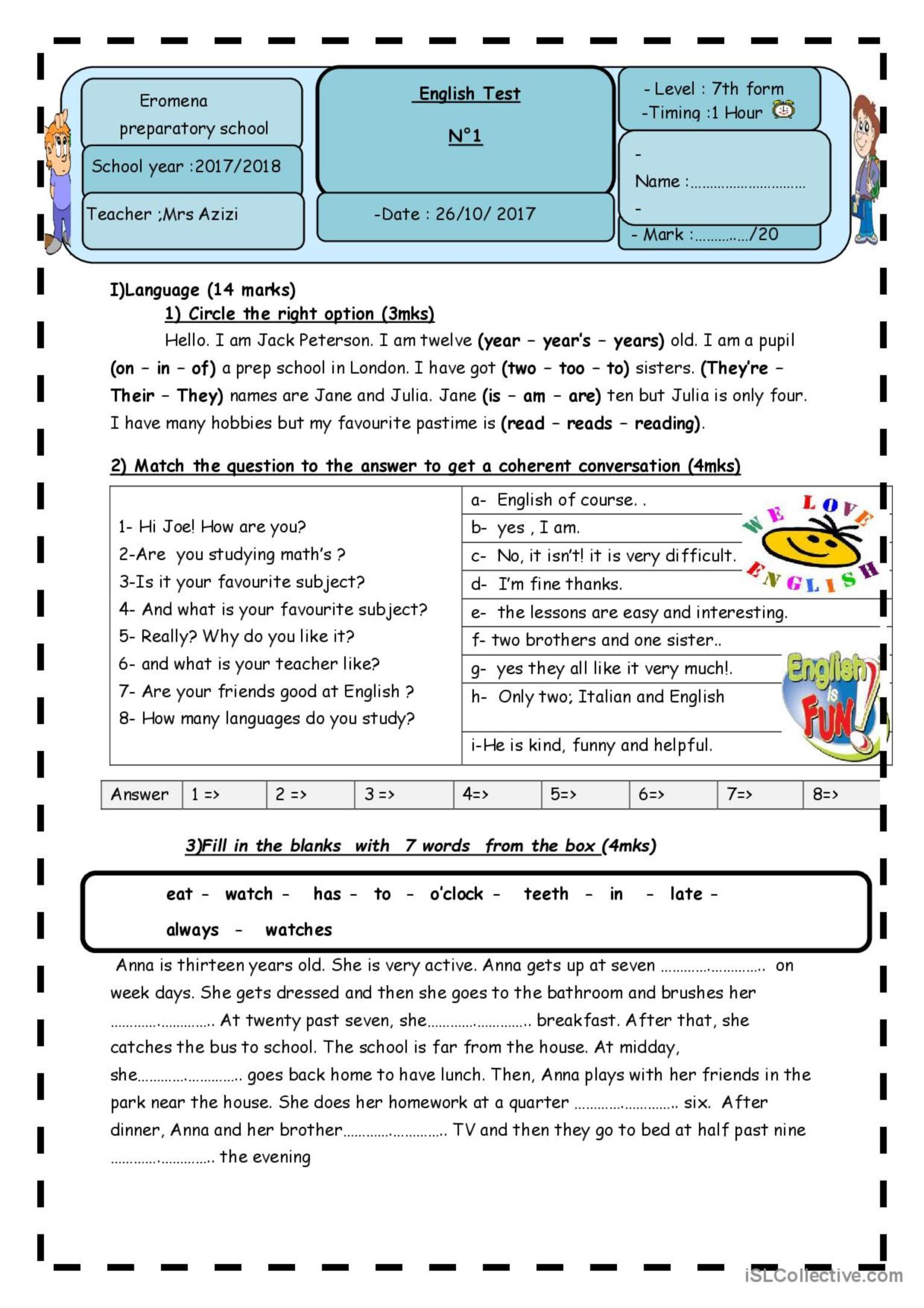 Term Test For 7th Form: English Esl Worksheets Pdf & Doc