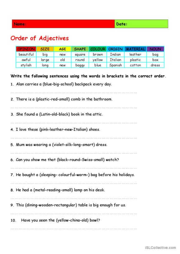 64 Adjectives: Order of adjectives English ESL worksheets pd…