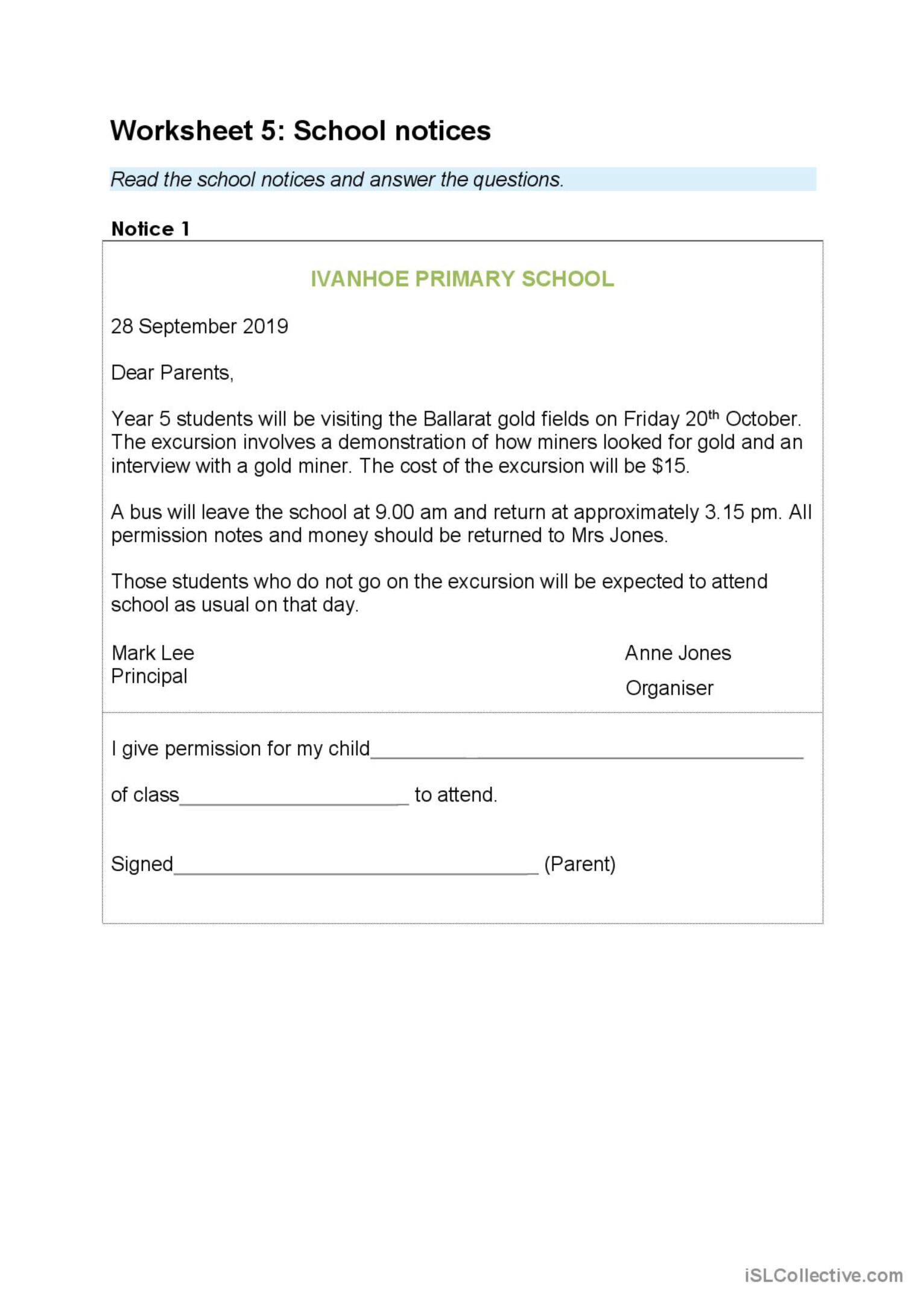 school notices: English ESL worksheets pdf & doc