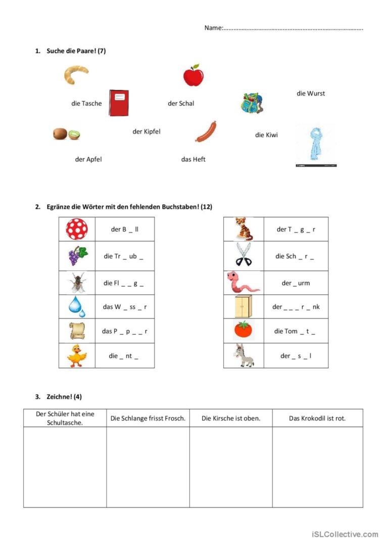 Die Buchstaben a, e, sch, ie, w