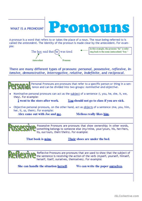 18 Pronouns English ESL worksheets pdf & doc