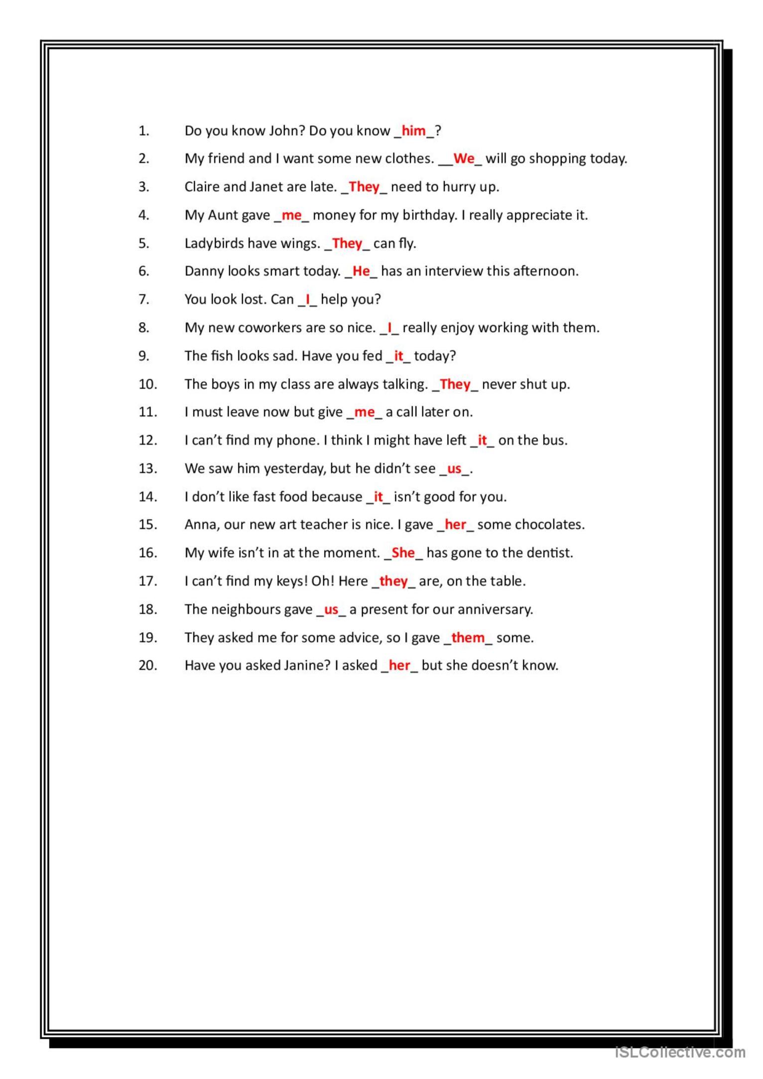 Subject/ Object Pronouns general gra…: English ESL worksheets pdf & doc