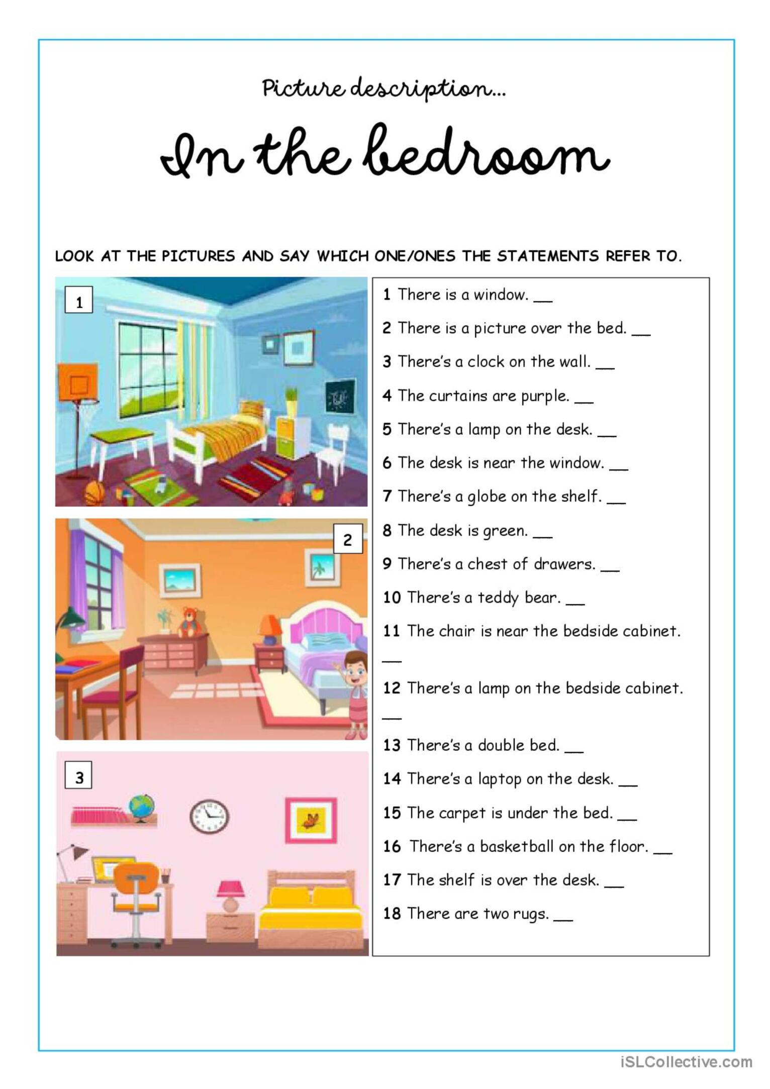 Picture description - In the bedroom…: English ESL worksheets pdf & doc