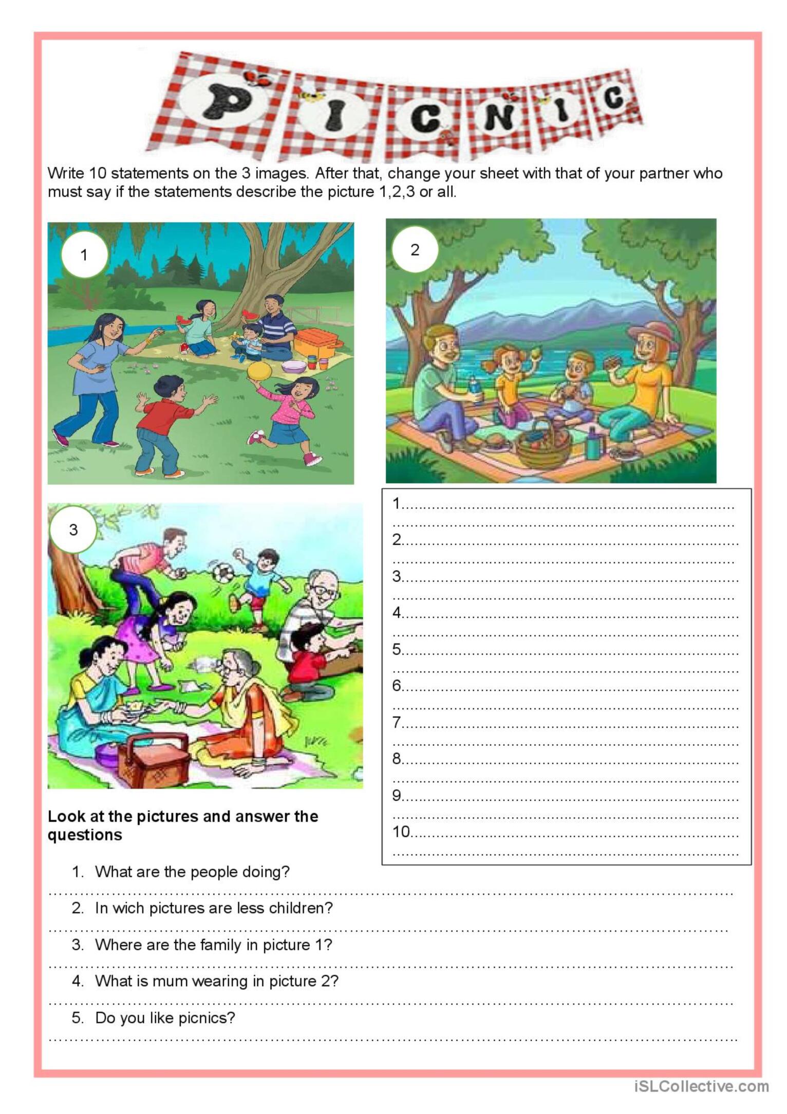 Picture description - Picnic creativ…: English ESL worksheets pdf & doc