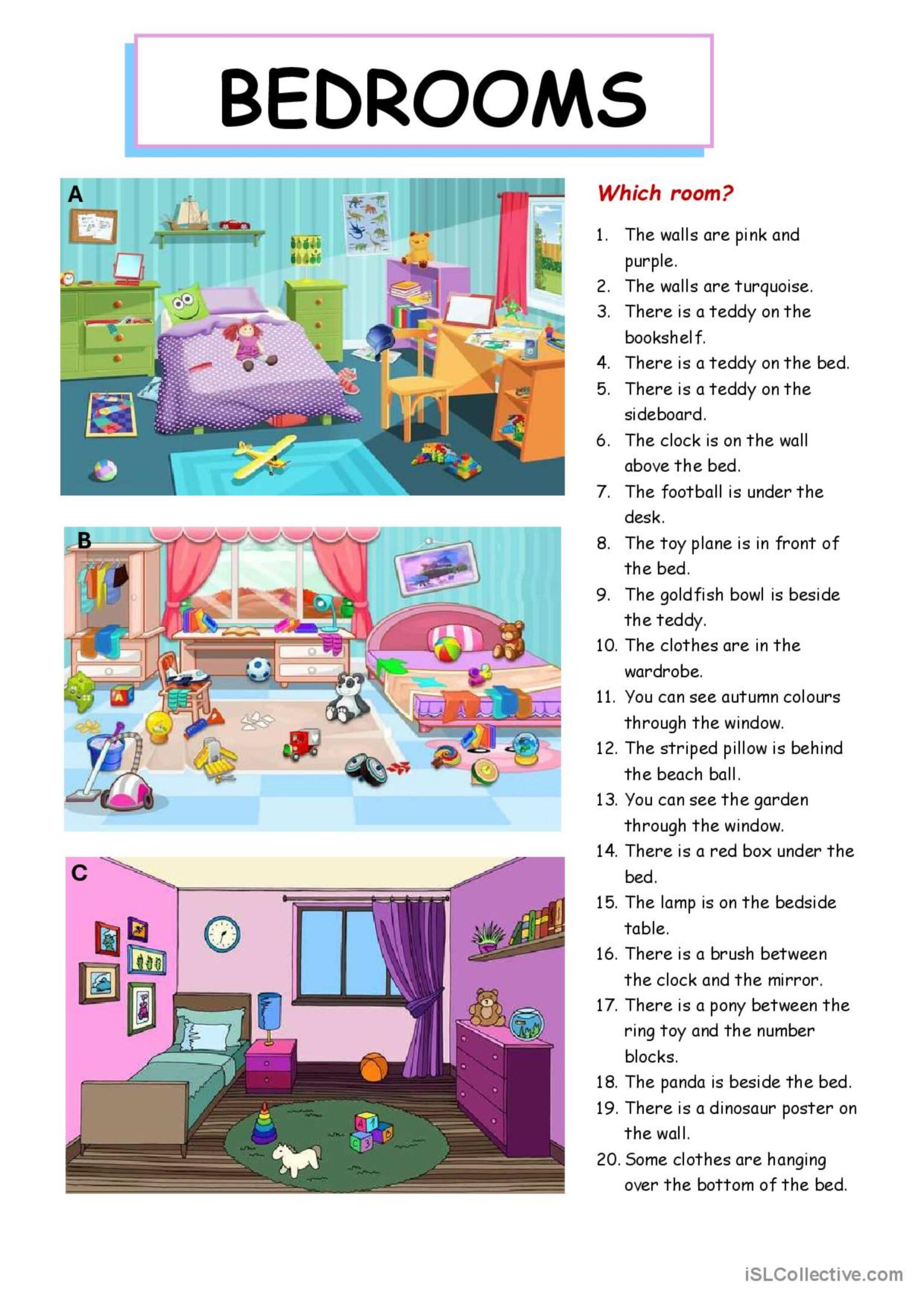 Prepositions of place with bedrooms…: English ESL worksheets pdf & doc