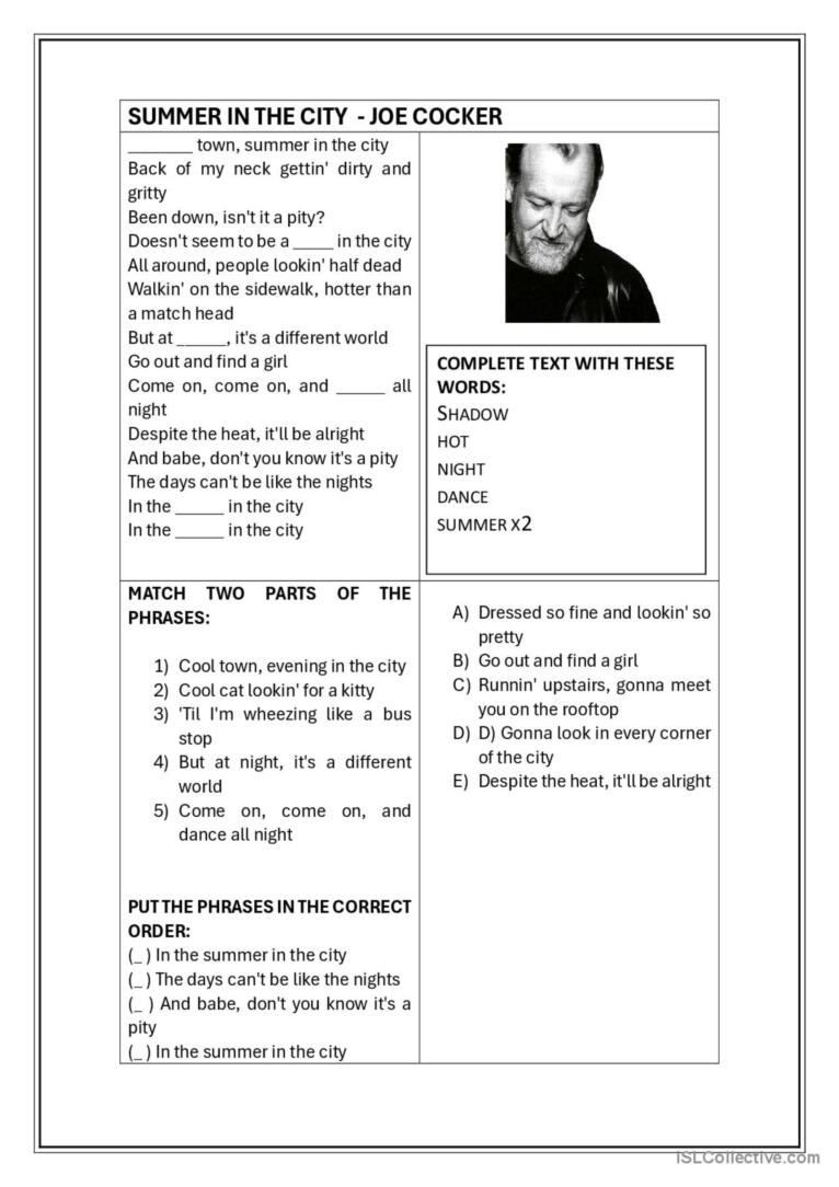 Song worksheet, Summer in the city, Joe Cocker