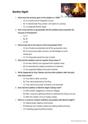 Compehension questions after listenig a youtube video on Guy Fawkes Night : youtube.com/watch?v=Abcx2SaiTnc&list=PPSV&t=2s <br> Level B2