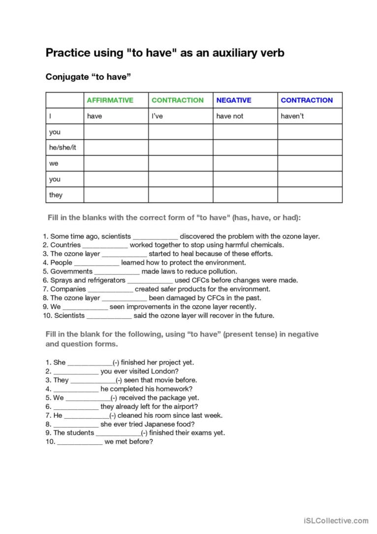 A2 Level Reading about the Ozone Layer to practice using "to have" as an auxiliary verb